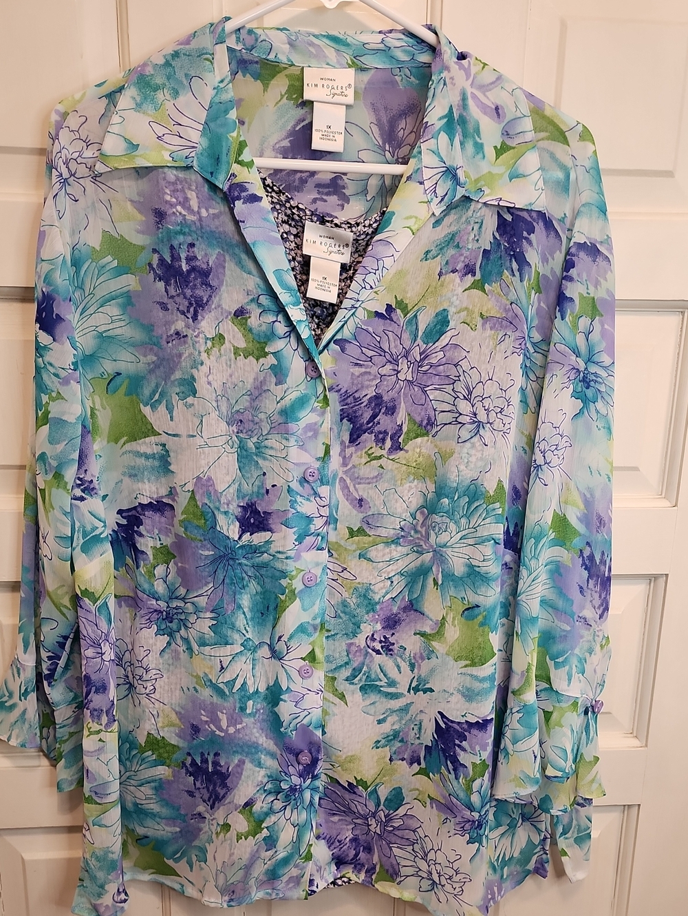 Kim Rogers 2  Piece Watercolor Floral Button Blouse Blue Purple Green + Tank